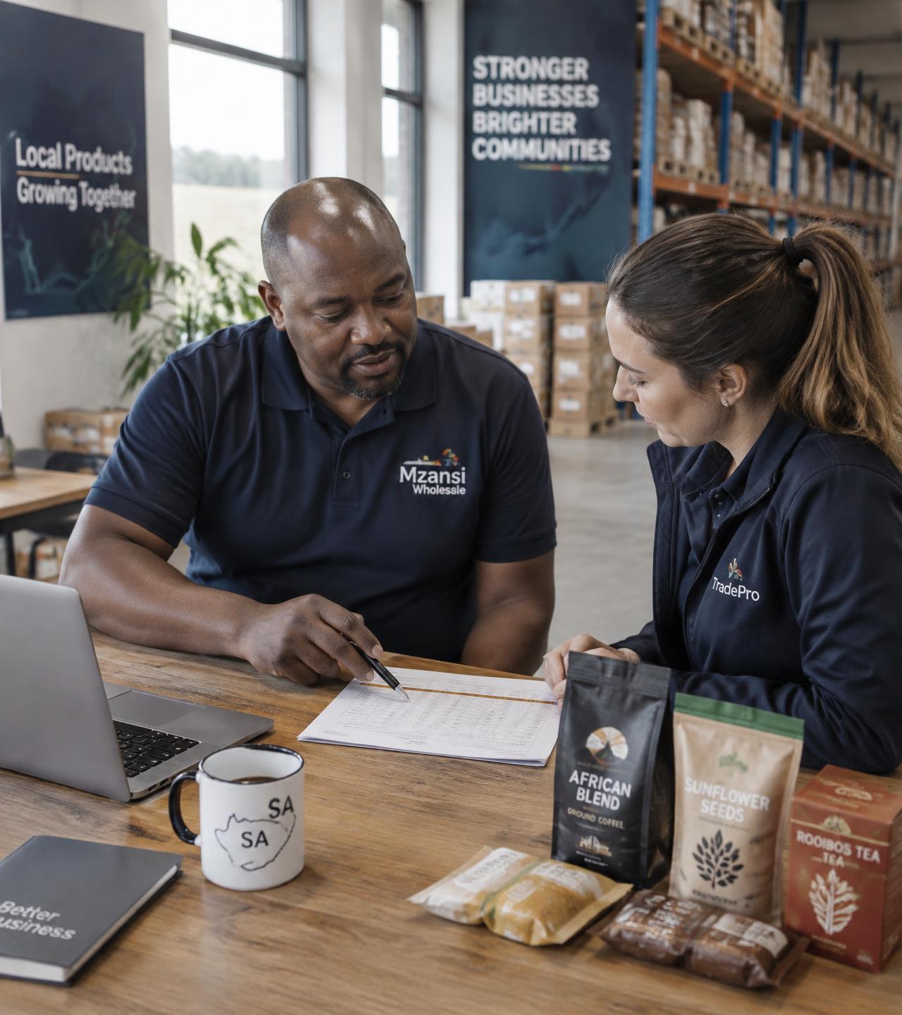 A supplier and a sales representative reviewing an order sheet beside product samples