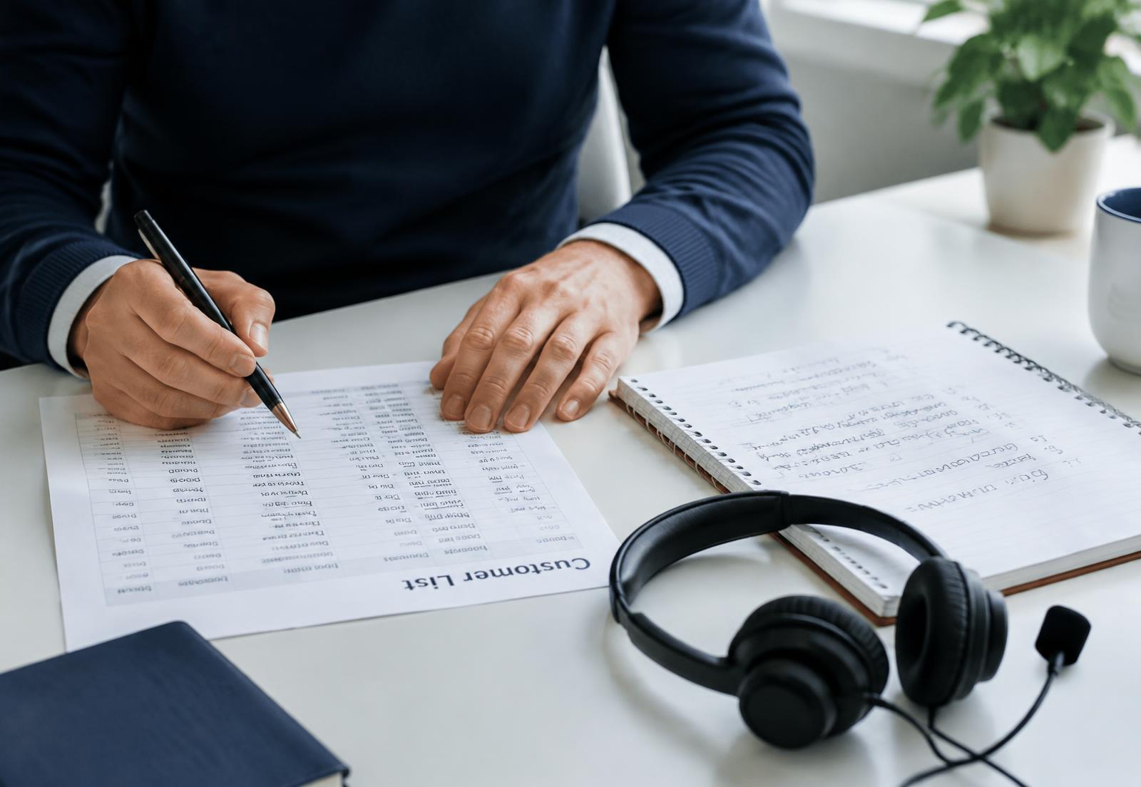 Working through a printed customer list with notes and a telephone headset